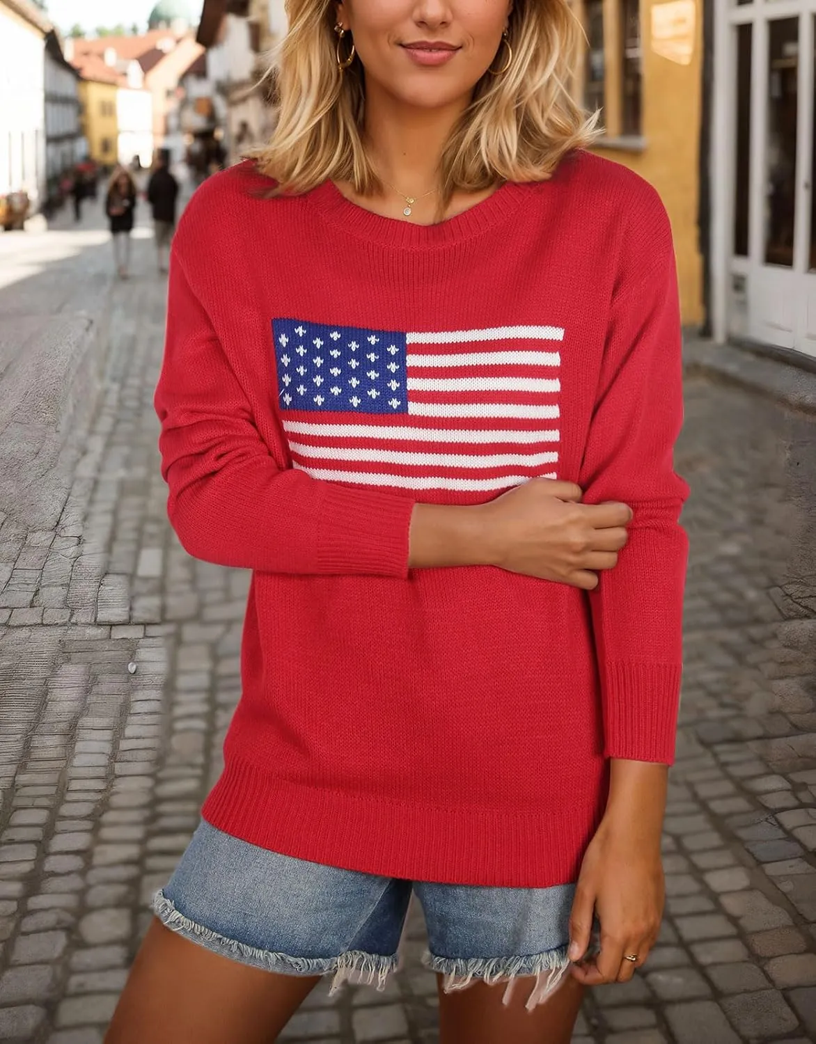 Alsol Lamesa Women’s American Flag Graphic Sweater Patriotic Long Sleeve Pullover Sweaters Crew Neck Knit Tops