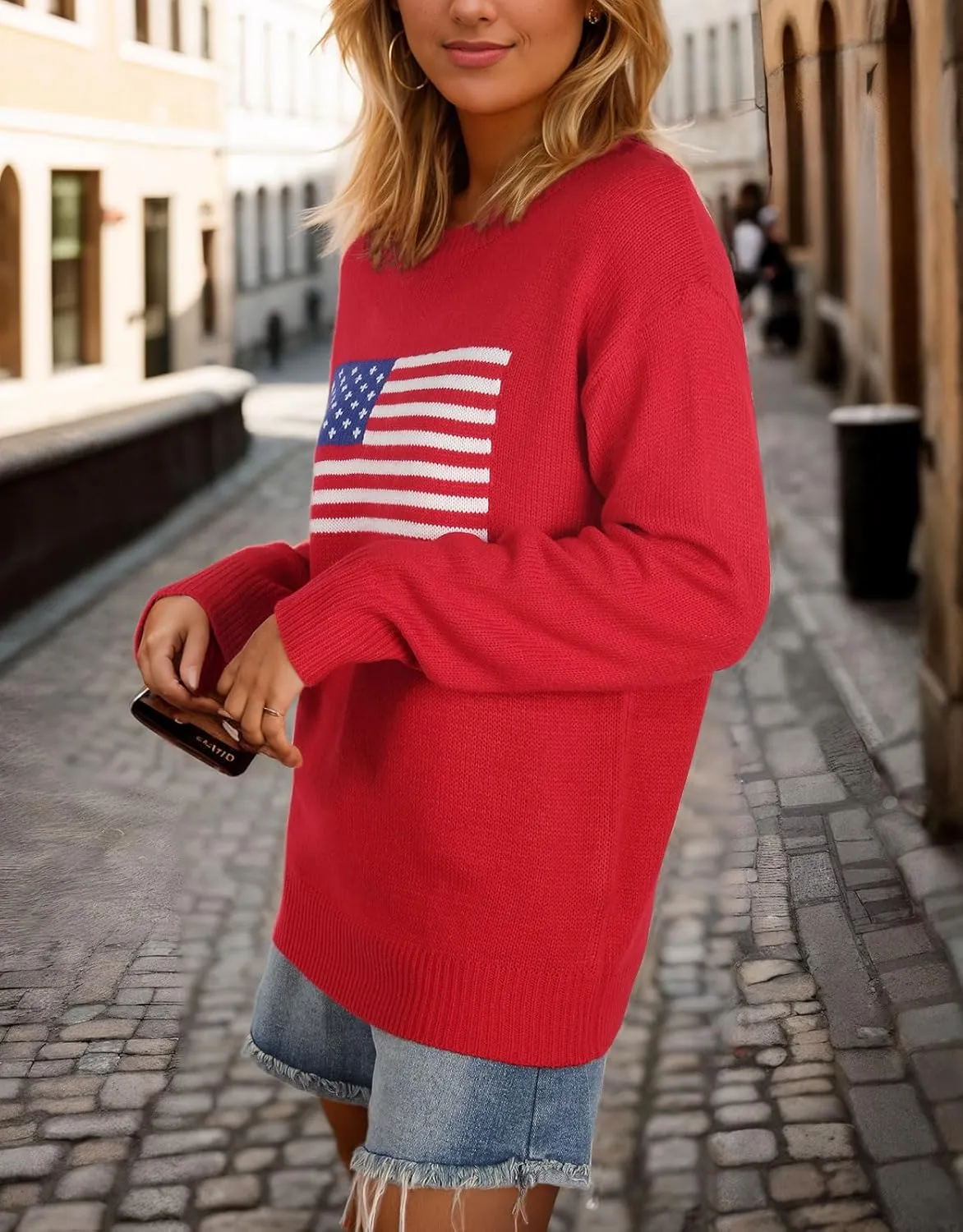 Alsol Lamesa Women’s American Flag Graphic Sweater Patriotic Long Sleeve Pullover Sweaters Crew Neck Knit Tops