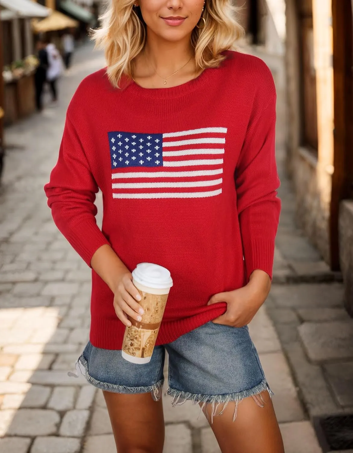 Alsol Lamesa Women’s American Flag Graphic Sweater Patriotic Long Sleeve Pullover Sweaters Crew Neck Knit Tops