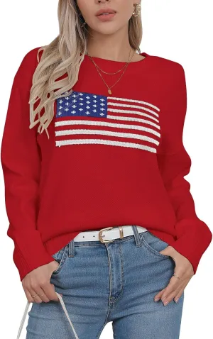 Alsol Lamesa Women’s American Flag Graphic Sweater Patriotic Long Sleeve Pullover Sweaters Crew Neck Knit Tops