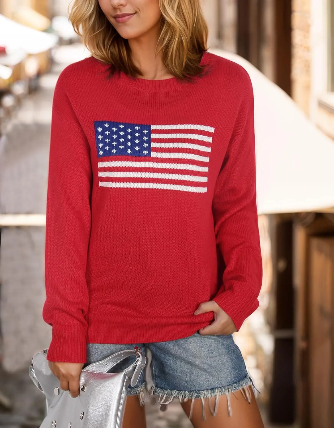 Alsol Lamesa Women’s American Flag Graphic Sweater Patriotic Long Sleeve Pullover Sweaters Crew Neck Knit Tops