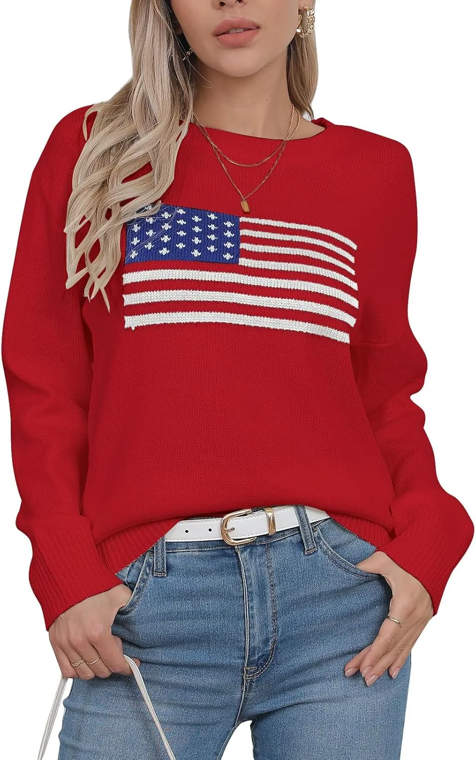 Alsol Lamesa Women’s American Flag Graphic Sweater Patriotic Long Sleeve Pullover Sweaters Crew Neck Knit Tops