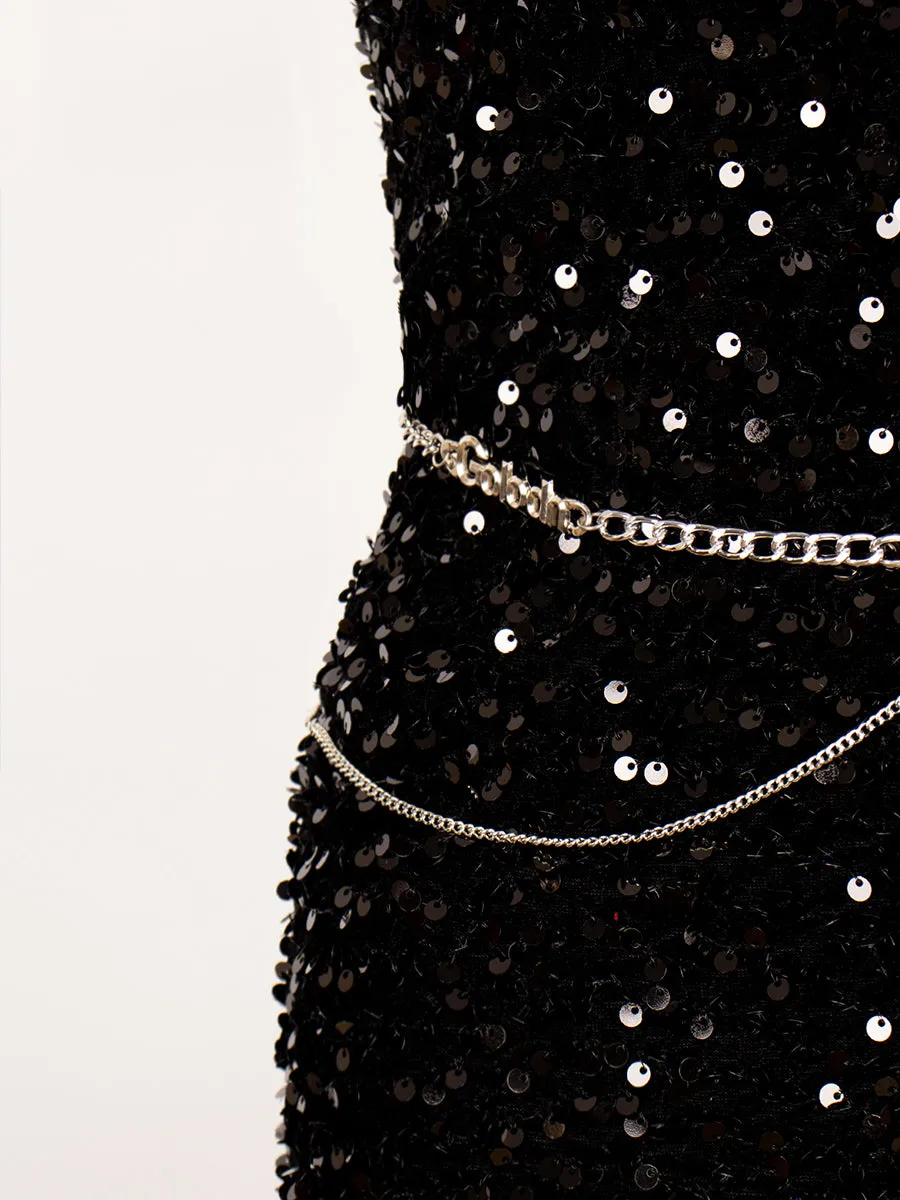 Black Sequin Party Dress with Chain