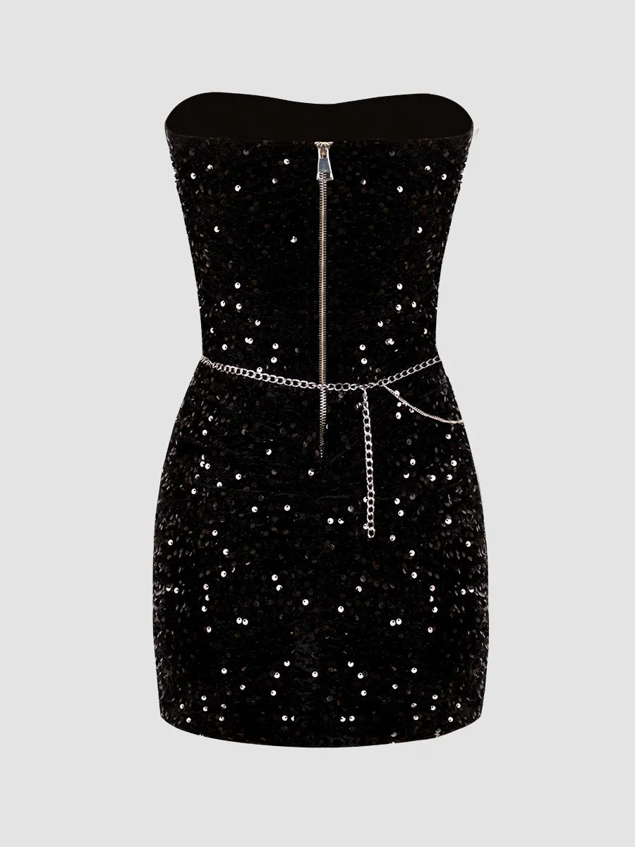 Black Sequin Party Dress with Chain