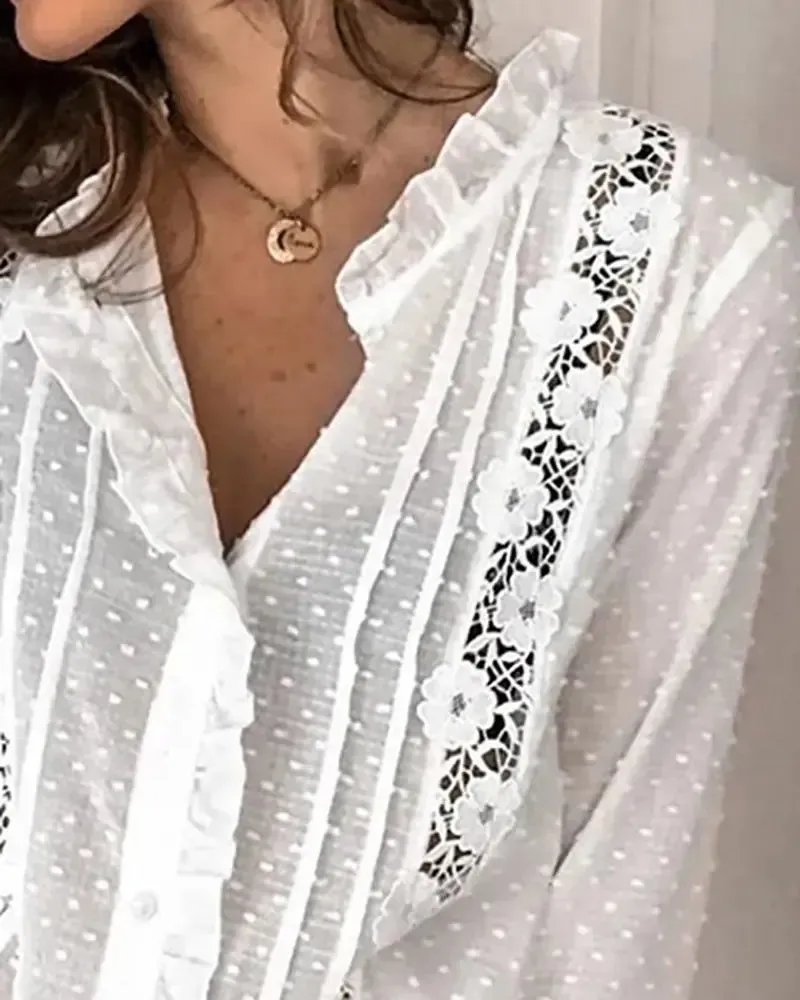 Deanwangkt - Polka Dot Floral Lace Ruffle Hem Top
