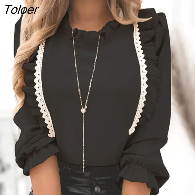 deanwangkt Women's Shirts Lace Ruffles Blouse Elegant Long Lantern Sleeve Shirt Female Top Winter Autumn Office Casual Fashion Ladies Tops