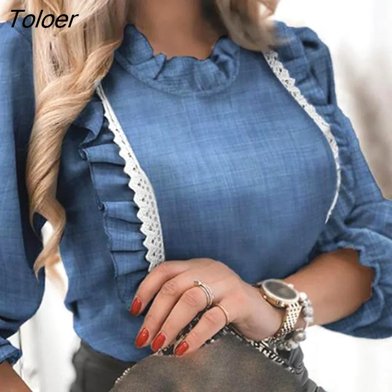 deanwangkt Women's Shirts Lace Ruffles Blouse Elegant Long Lantern Sleeve Shirt Female Top Winter Autumn Office Casual Fashion Ladies Tops