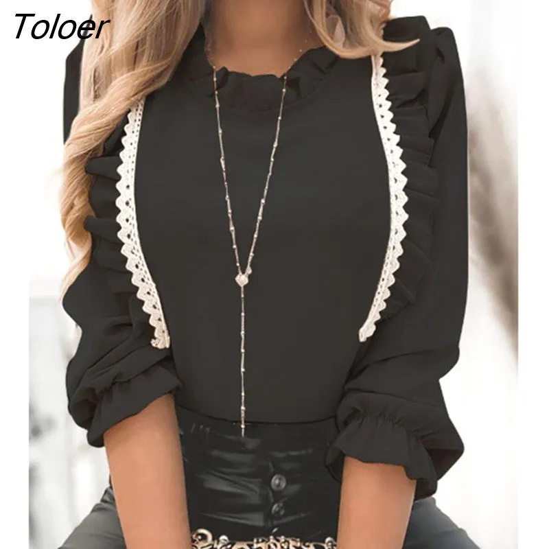 deanwangkt Women's Shirts Lace Ruffles Blouse Elegant Long Lantern Sleeve Shirt Female Top Winter Autumn Office Casual Fashion Ladies Tops