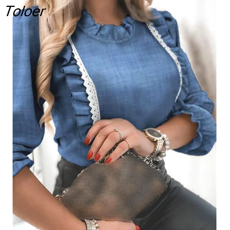 deanwangkt Women's Shirts Lace Ruffles Blouse Elegant Long Lantern Sleeve Shirt Female Top Winter Autumn Office Casual Fashion Ladies Tops