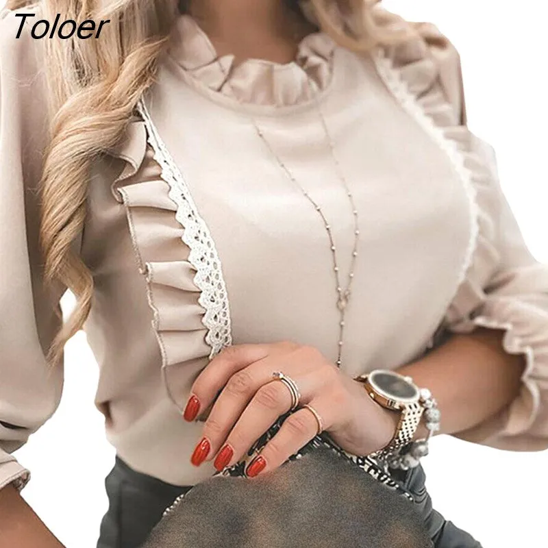 deanwangkt Women's Shirts Lace Ruffles Blouse Elegant Long Lantern Sleeve Shirt Female Top Winter Autumn Office Casual Fashion Ladies Tops
