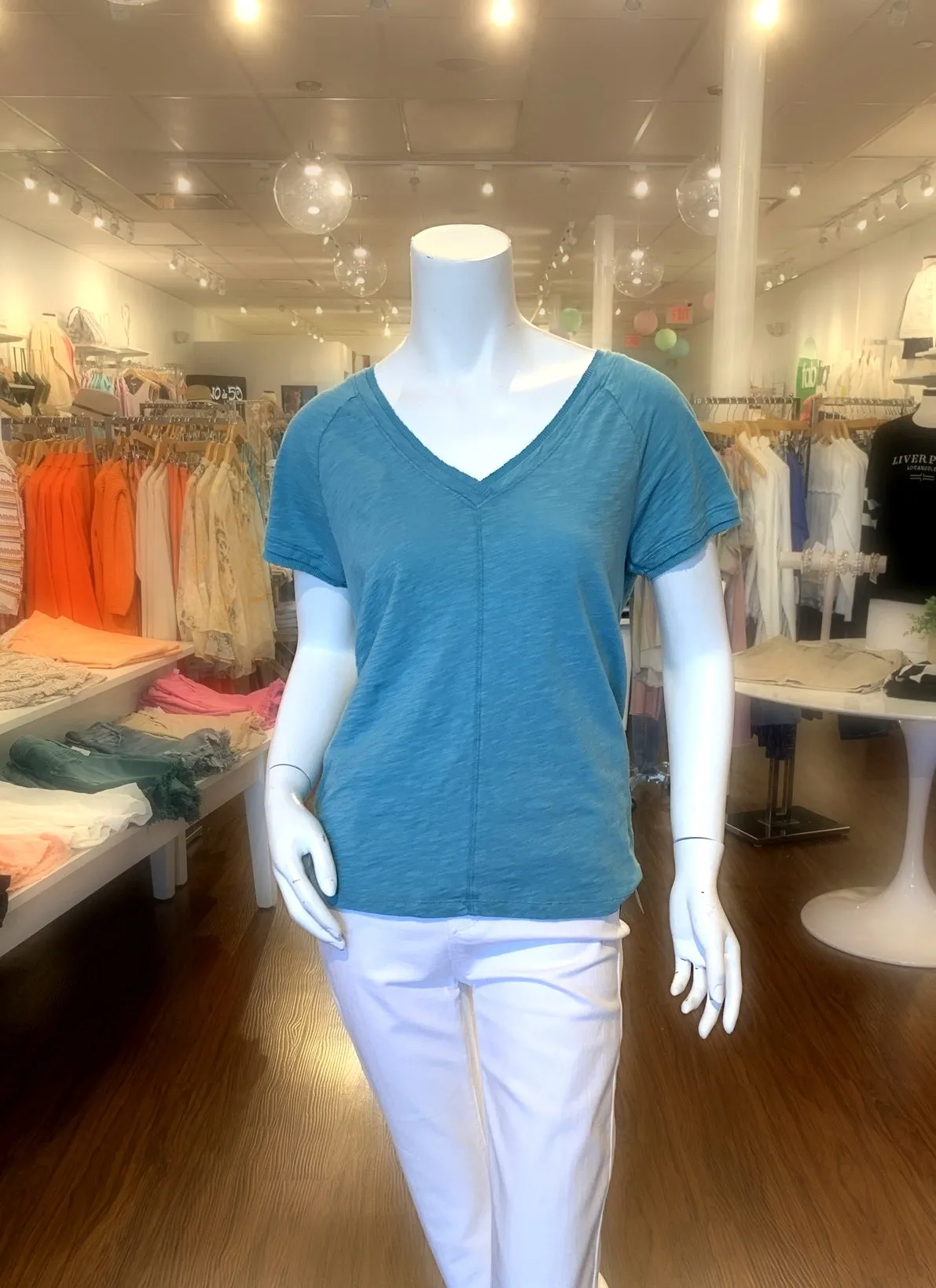 Double V-Neck Rib Mix Tee - Surf