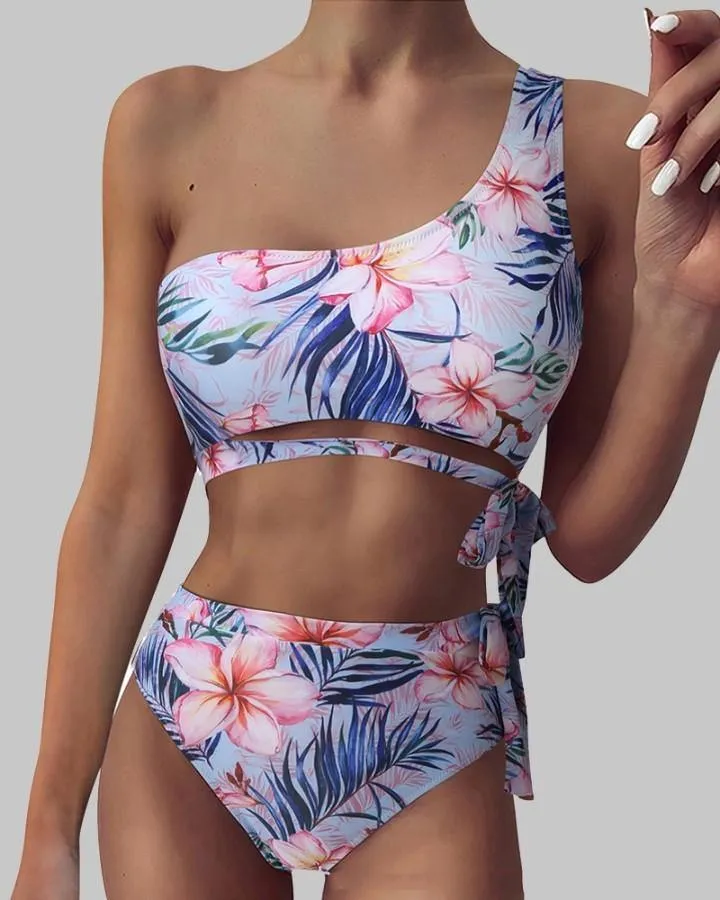 Floral Pritn One Shoulder Strappy Tanks With Panties Bikini Sets