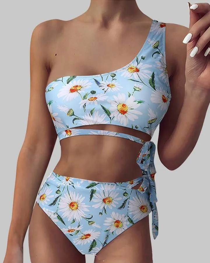 Floral Pritn One Shoulder Strappy Tanks With Panties Bikini Sets