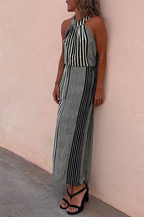 Halter Sleeveless Waisted Striped Maxi Dress