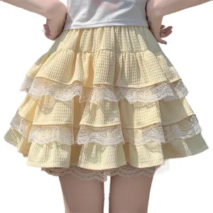 Harajuku Lolita Kawaii Gothic Casual Style A-Line Elastic High Waist Cute Lace Trim Ruffle Tiered Short Skirt Harajuku Lolita Kawaii Gothic Casual Style A-Line Elastic High Waist Cute Lace Trim Ruffle Tiered Short Skirt