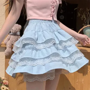 Harajuku Lolita Kawaii Gothic Casual Style A-Line Elastic High Waist Cute Lace Trim Ruffle Tiered Short Skirt Harajuku Lolita Kawaii Gothic Casual Style A-Line Elastic High Waist Cute Lace Trim Ruffle Tiered Short Skirt