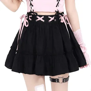 Harajuku Lolita Kawaii Gothic Clothes Casual A-Line Elastic Waist Pink Ribbon Trim Ruffle Pleated Short Skirt Harajuku Lolita Kawaii Gothic Clothes Casual A-Line Elastic Waist Pink Ribbon Trim Ruffle Pleated Short Skirt