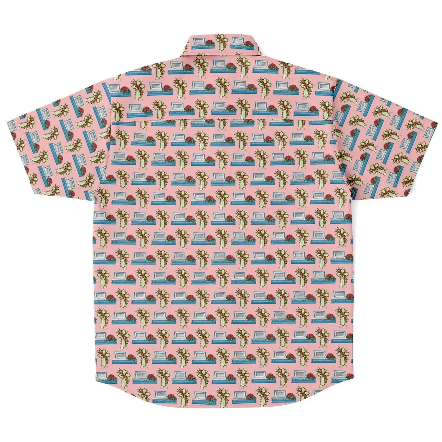 Light Blue Casket with Mum Cross Easel on Light Pink - Button Up Tee