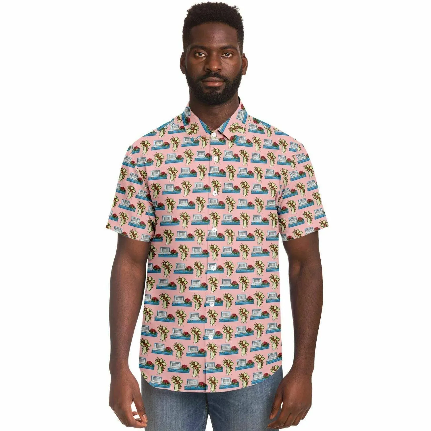 Light Blue Casket with Mum Cross Easel on Light Pink - Button Up Tee