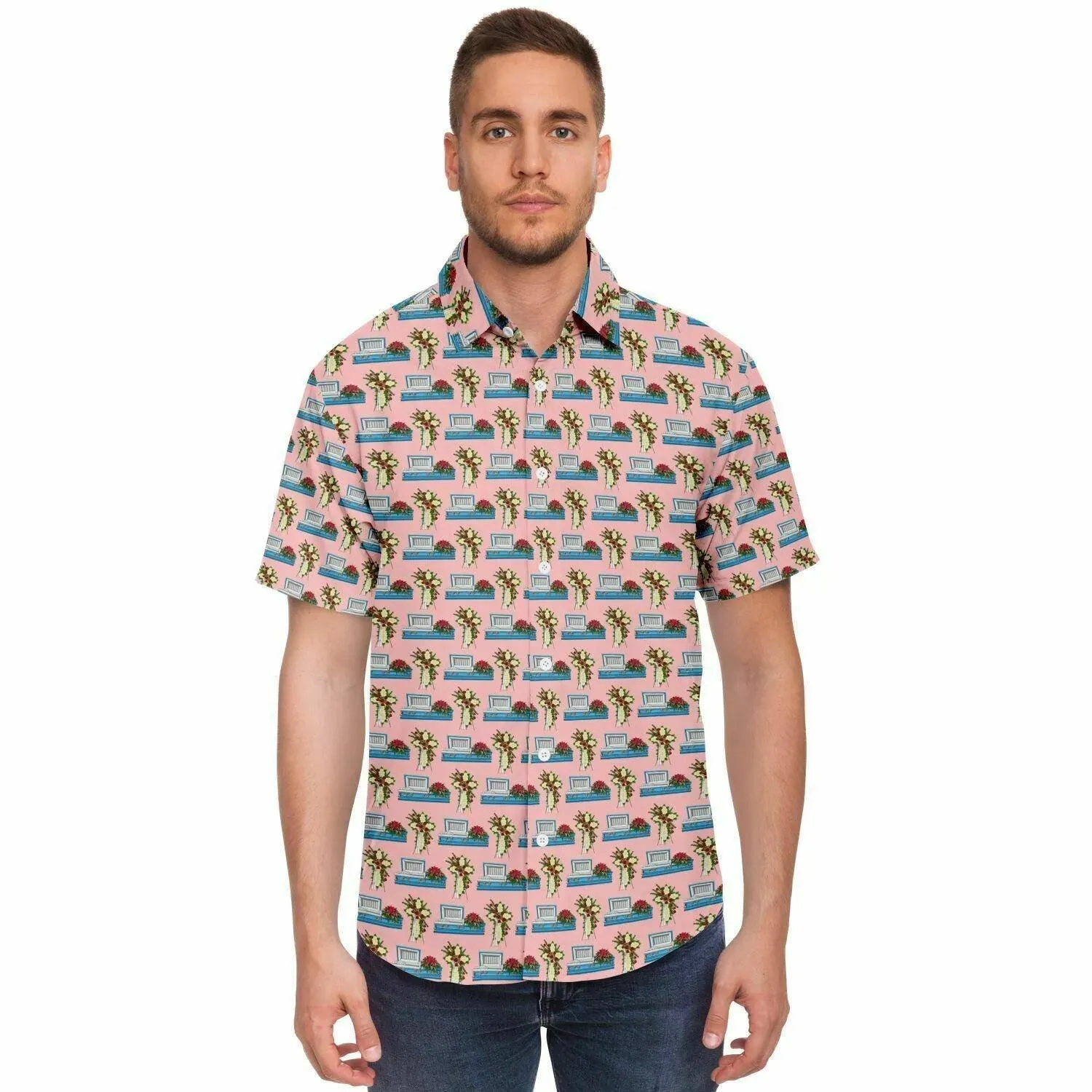 Light Blue Casket with Mum Cross Easel on Light Pink - Button Up Tee