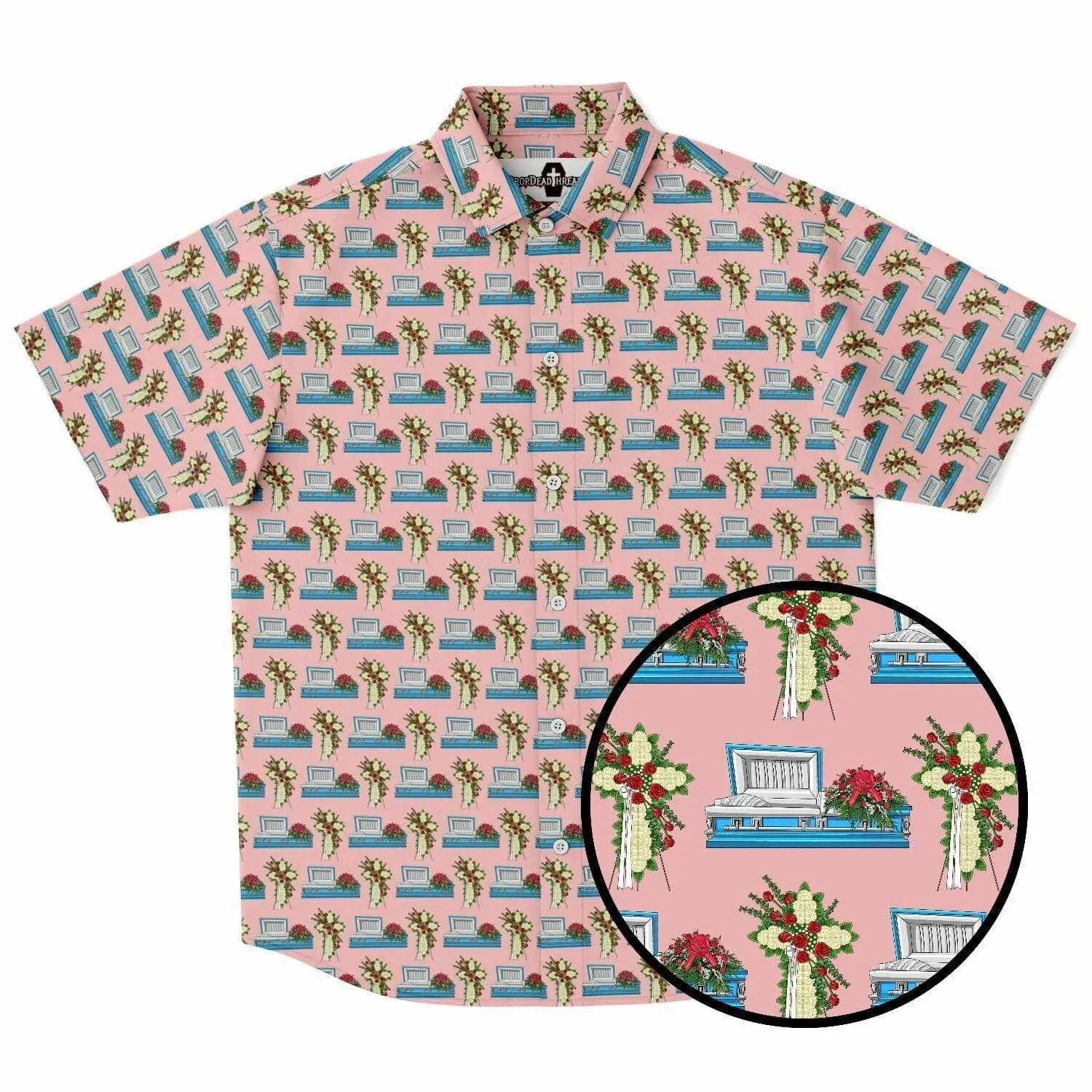 Light Blue Casket with Mum Cross Easel on Light Pink - Button Up Tee