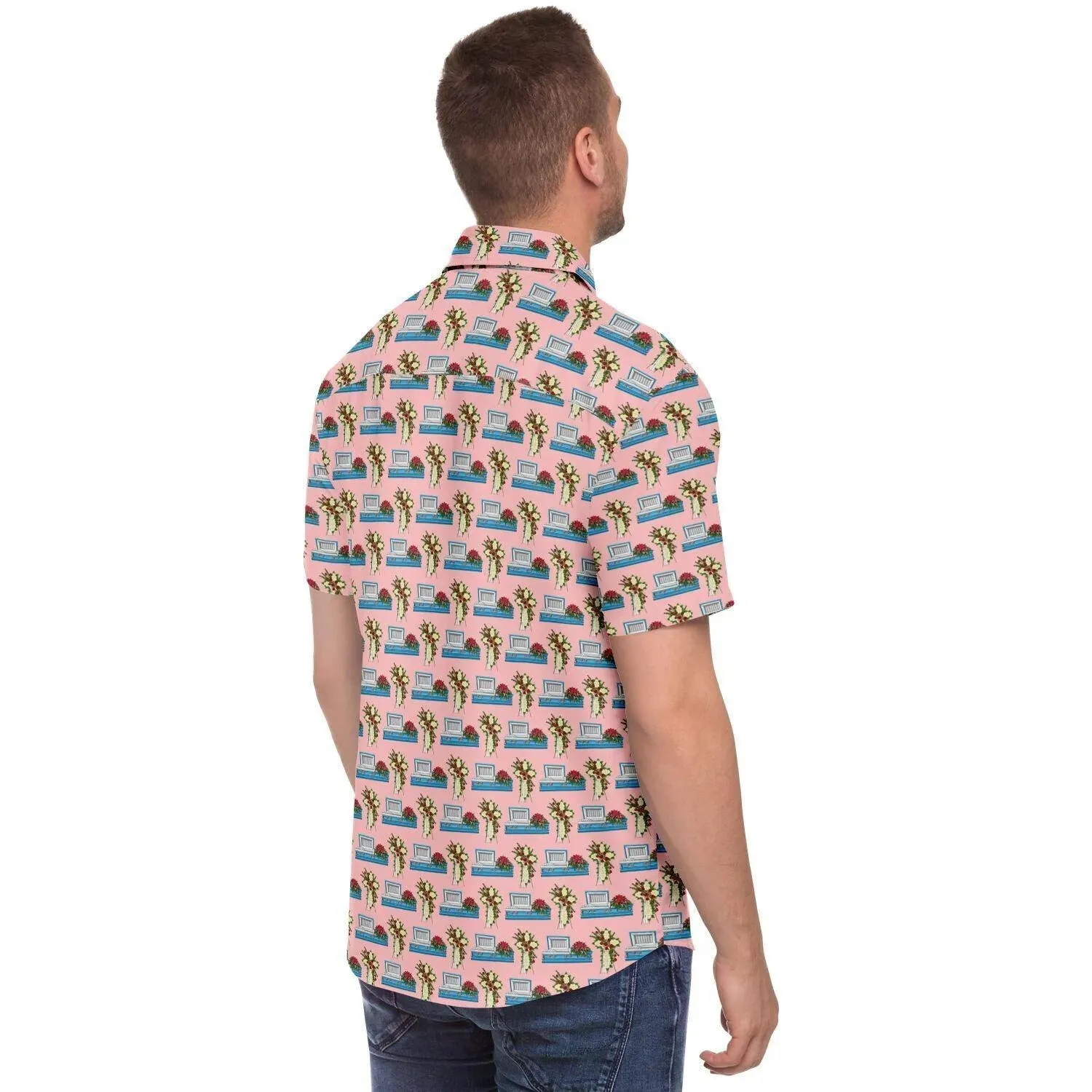 Light Blue Casket with Mum Cross Easel on Light Pink - Button Up Tee