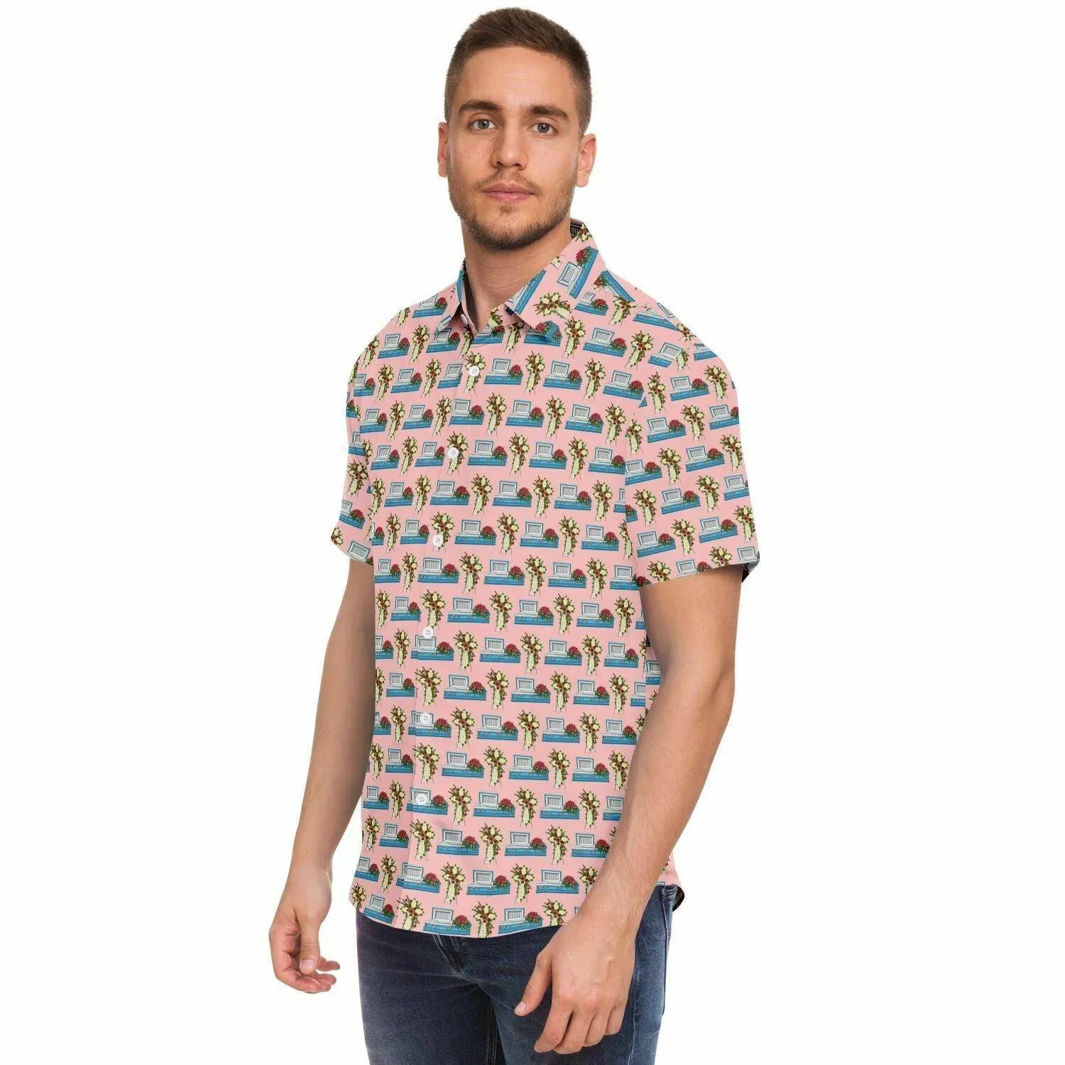 Light Blue Casket with Mum Cross Easel on Light Pink - Button Up Tee