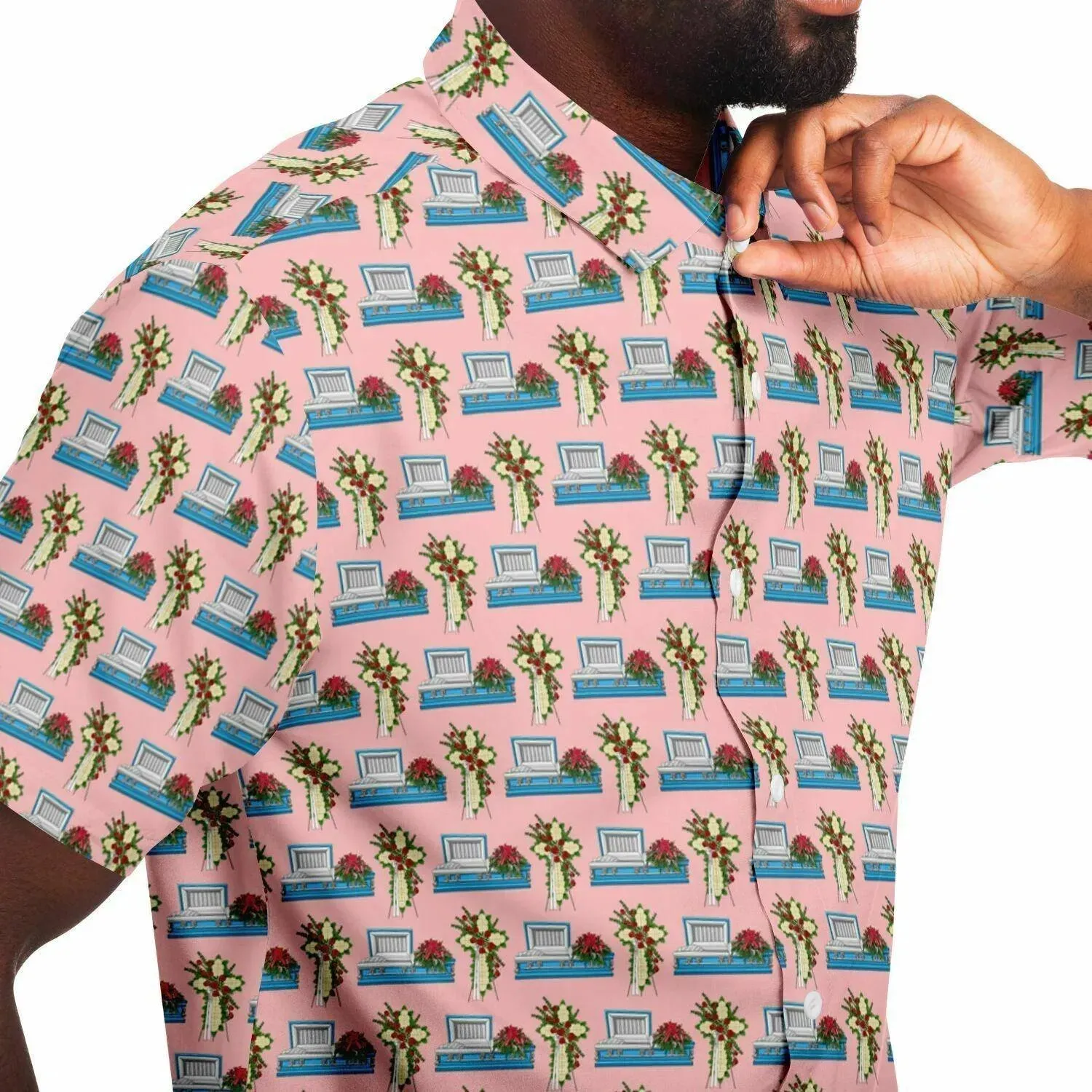 Light Blue Casket with Mum Cross Easel on Light Pink - Button Up Tee