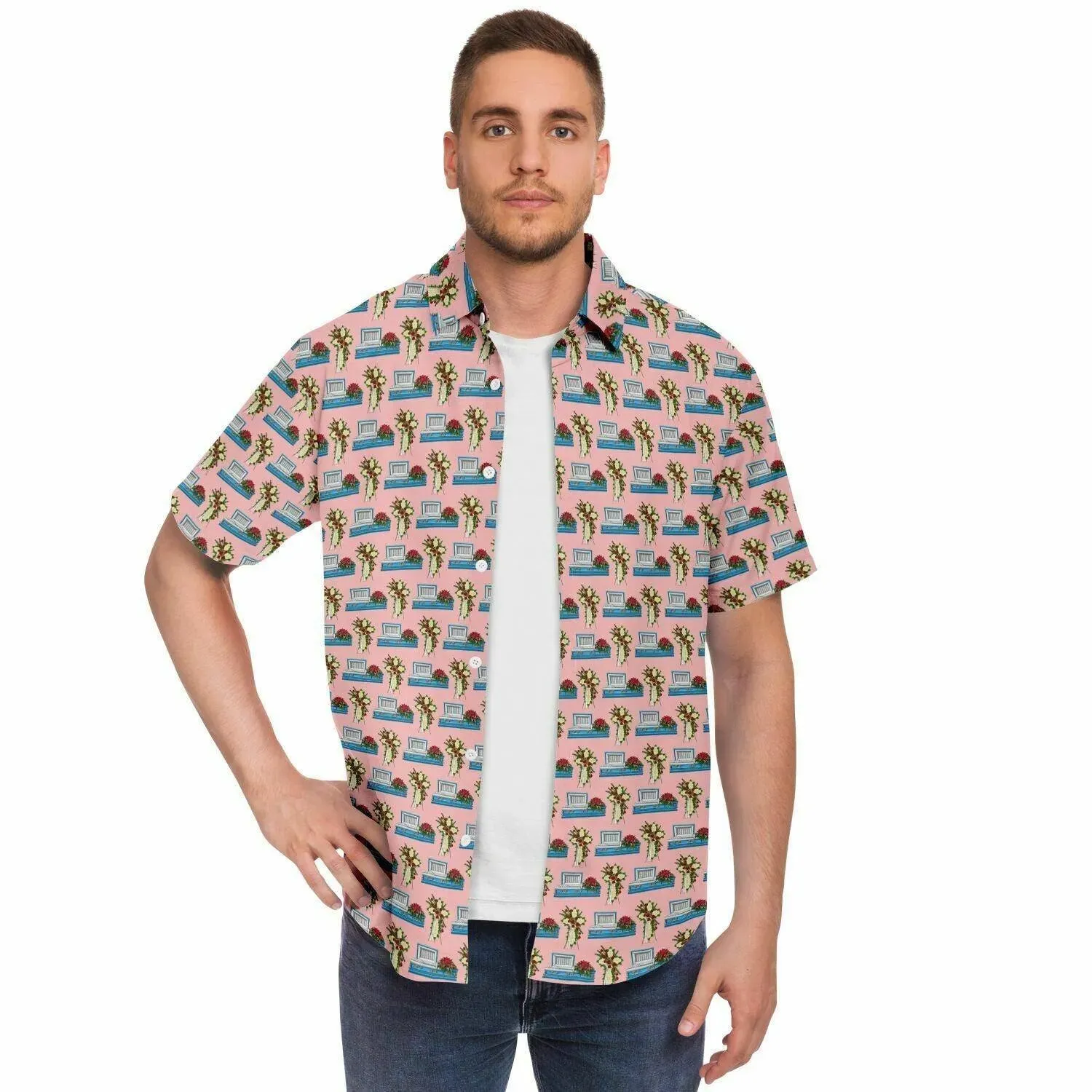 Light Blue Casket with Mum Cross Easel on Light Pink - Button Up Tee