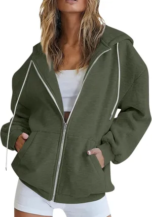 NBXNZWF Women's Zip Up Y2K Hoodies Casual Long Sleeve Oversized Sweatshirts 2025 Fall Winter Drawstring Jackets With Pockets