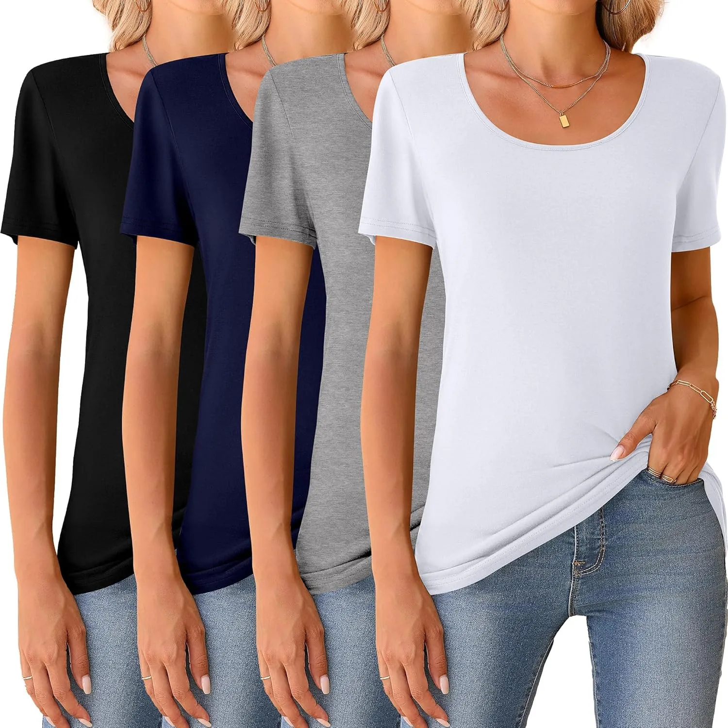 Riyiper 4 Pcs Womens Short Sleeve Shirts Scoop Neck Basic Casual T Shirts Women Basic Light Weight Layer Summer Tees