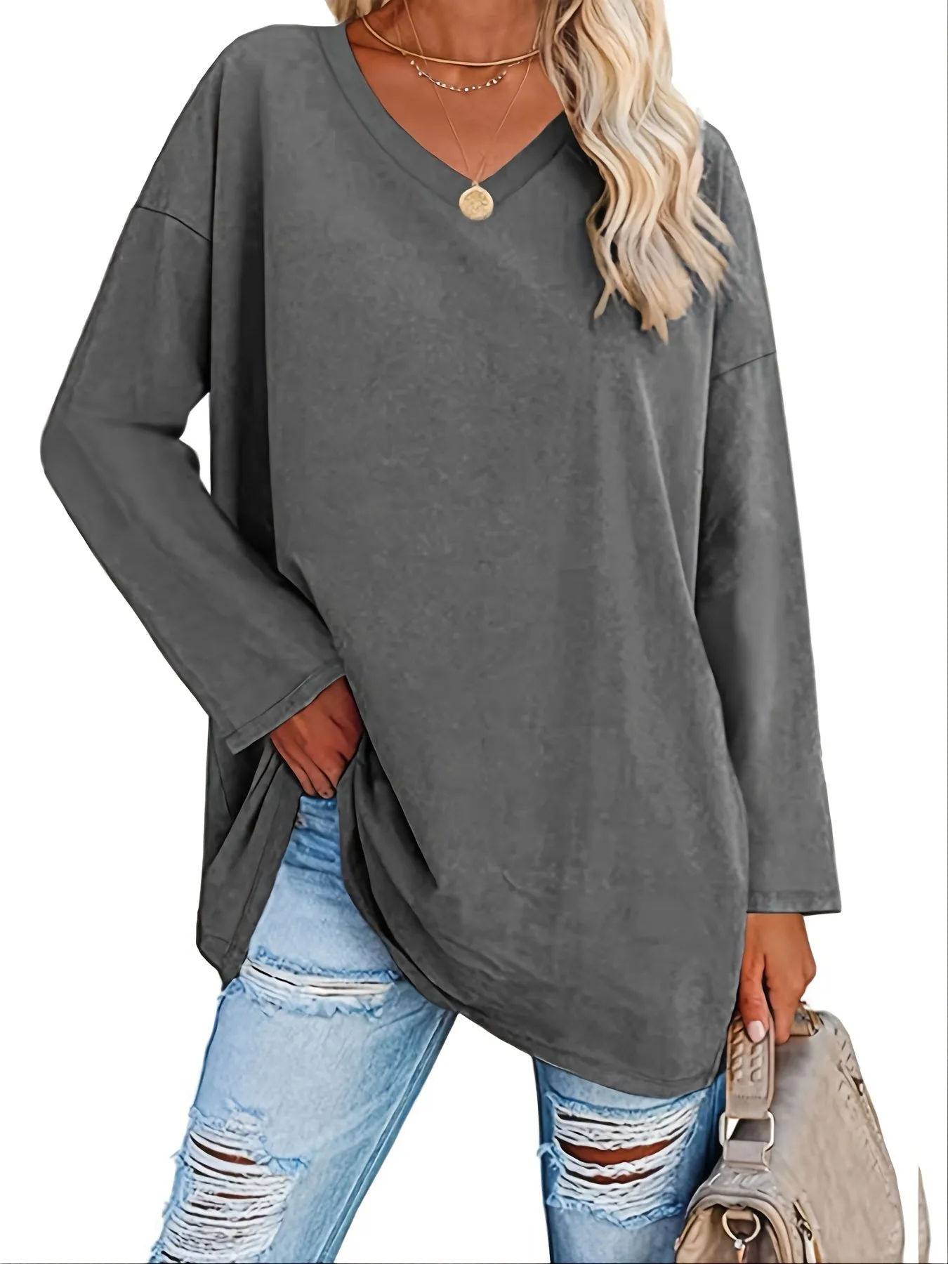 Solid Color Oversized V-Neck Long Sleeve Casual Loose Shirts