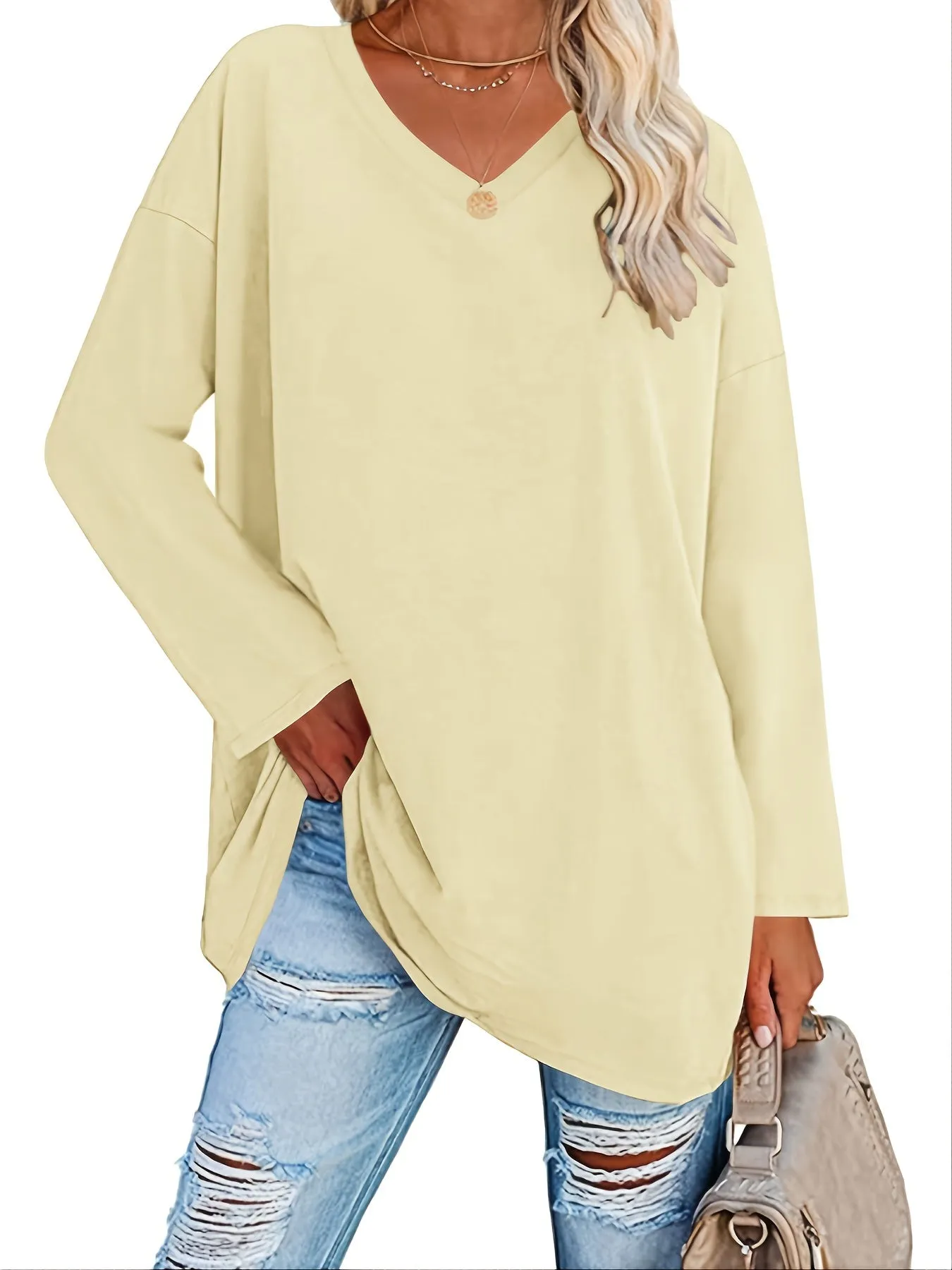 Solid Color Oversized V-Neck Long Sleeve Casual Loose Shirts