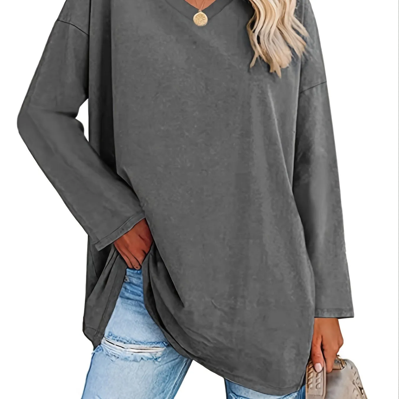 Solid Color Oversized V-Neck Long Sleeve Casual Loose Shirts