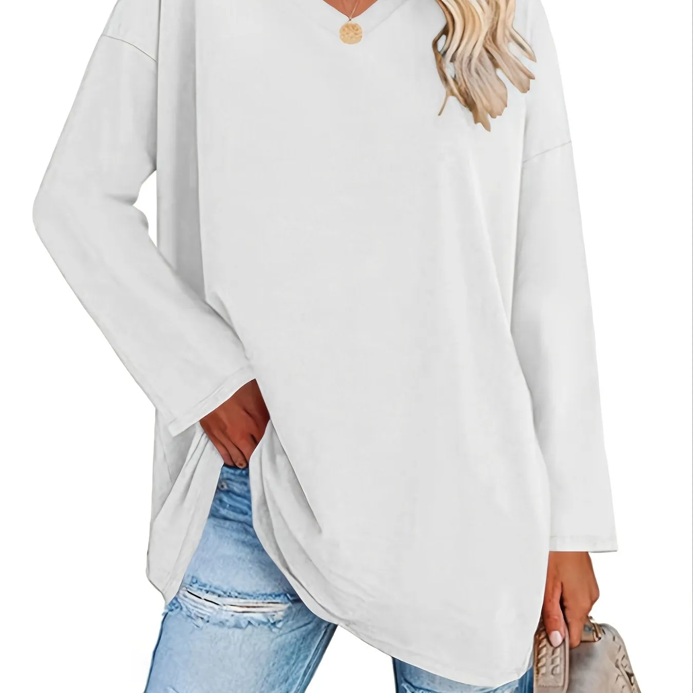 Solid Color Oversized V-Neck Long Sleeve Casual Loose Shirts