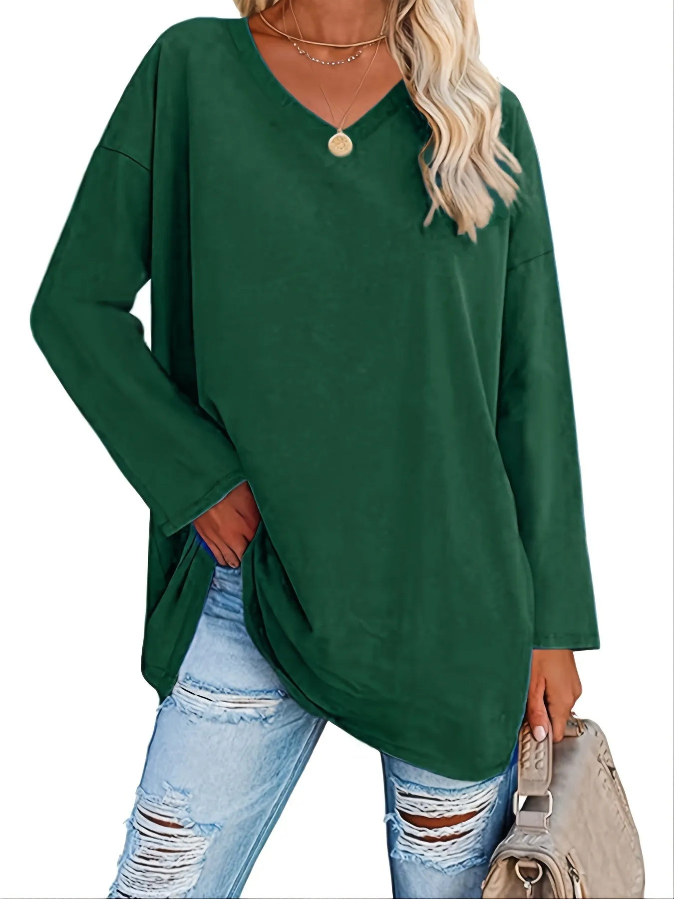 Solid Color Oversized V-Neck Long Sleeve Casual Loose Shirts