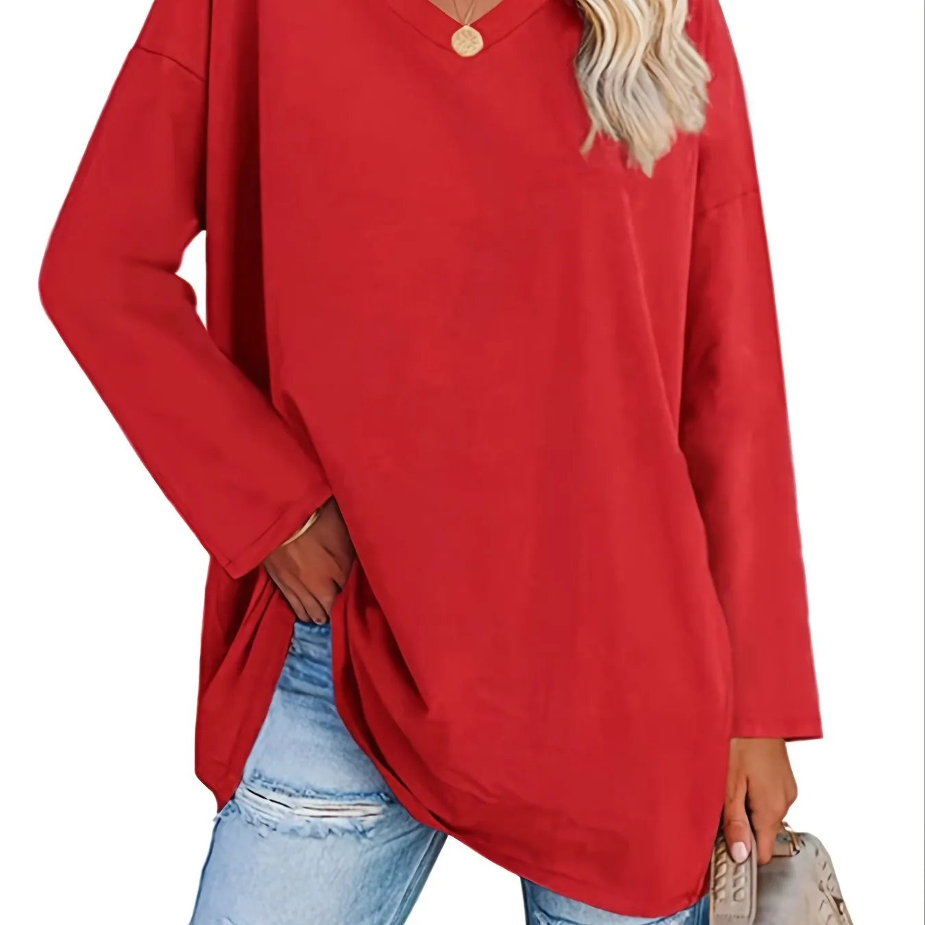 Solid Color Oversized V-Neck Long Sleeve Casual Loose Shirts
