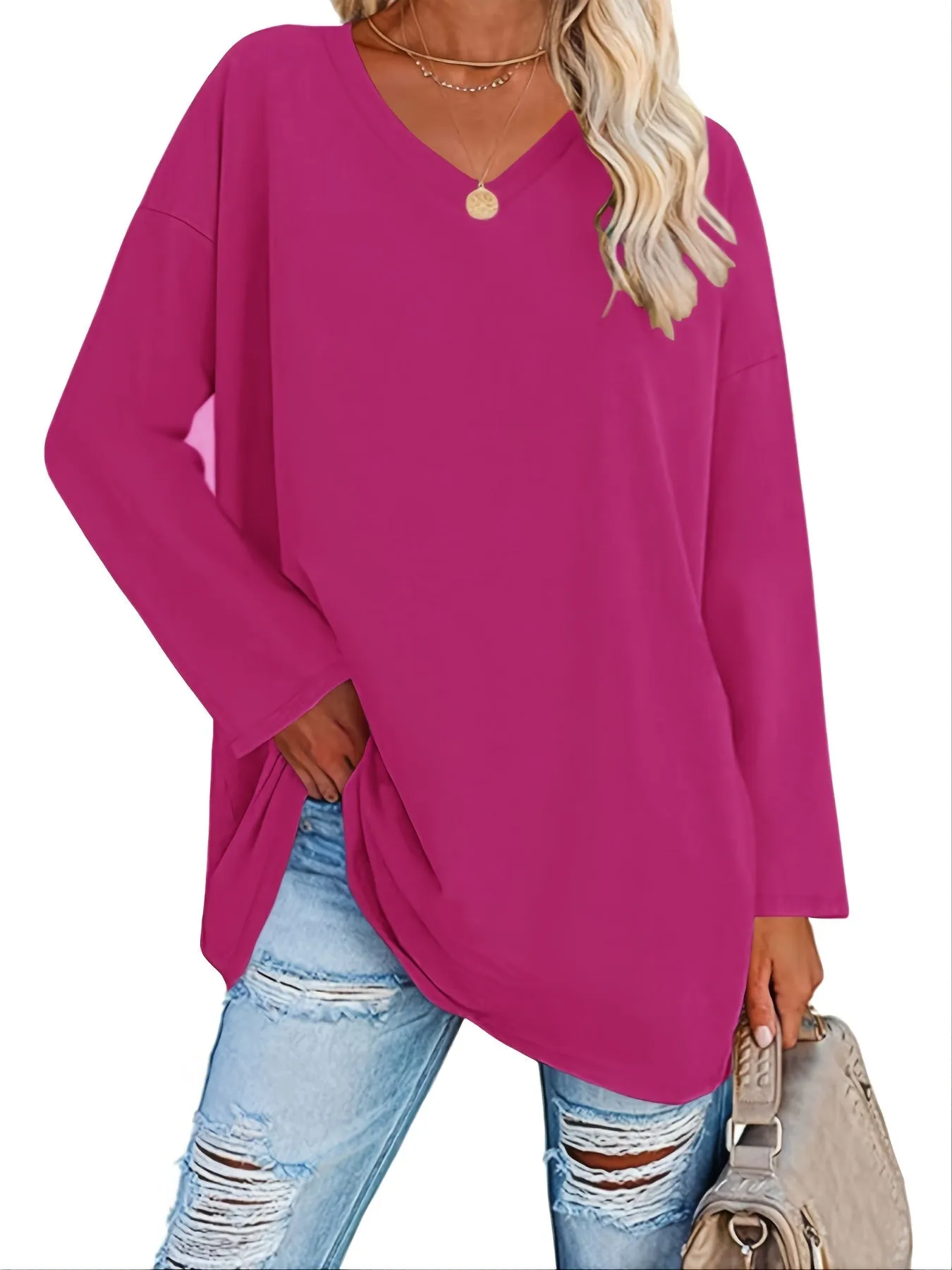 Solid Color Oversized V-Neck Long Sleeve Casual Loose Shirts