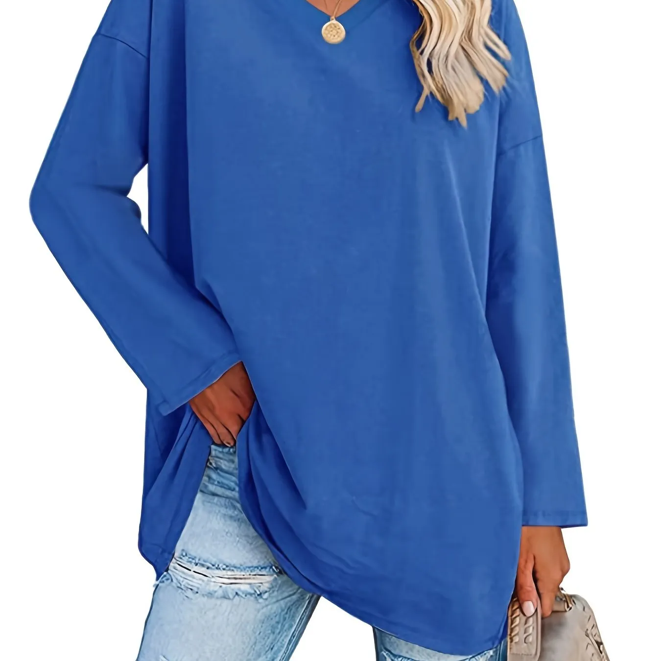 Solid Color Oversized V-Neck Long Sleeve Casual Loose Shirts