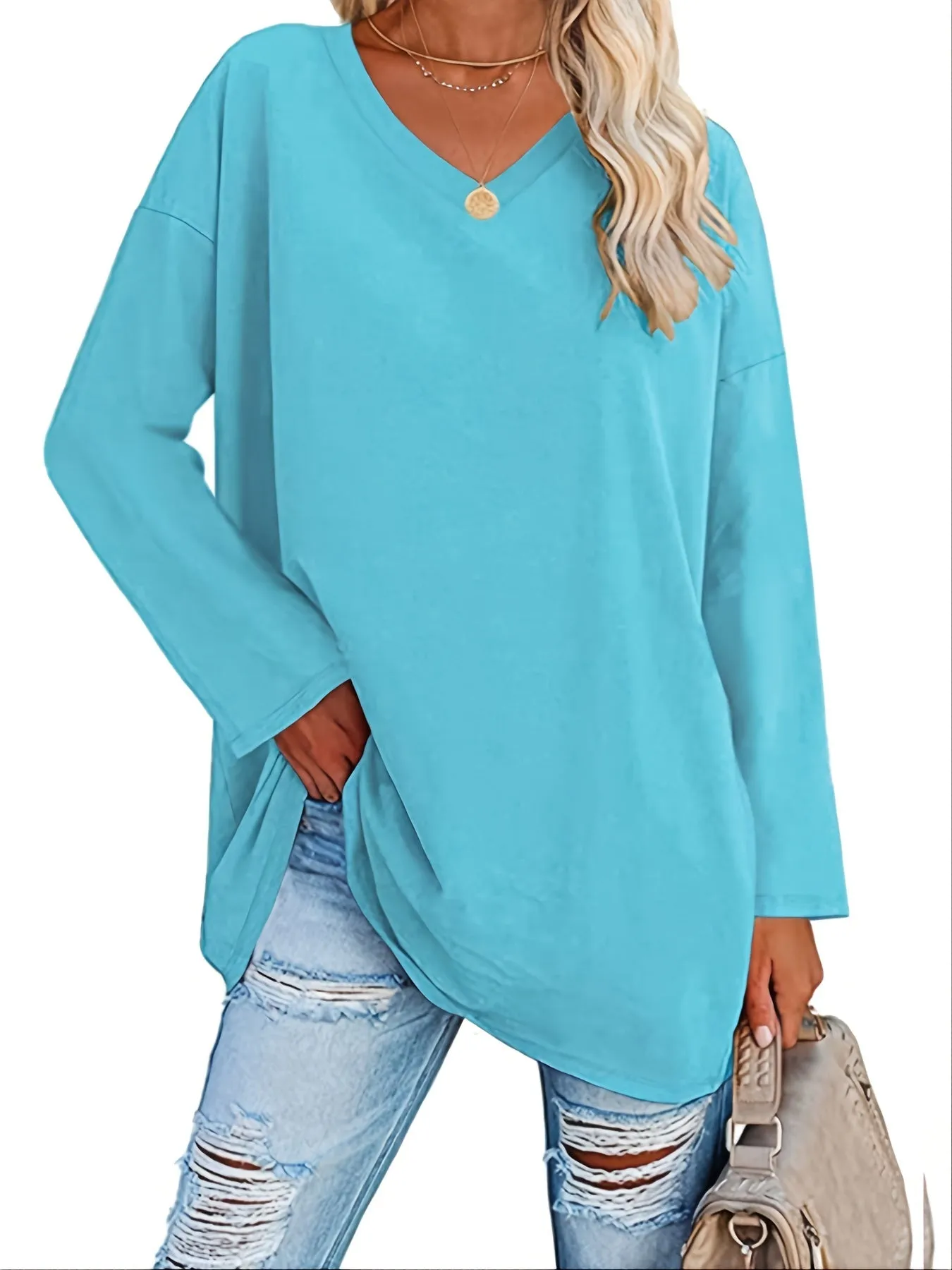 Solid Color Oversized V-Neck Long Sleeve Casual Loose Shirts