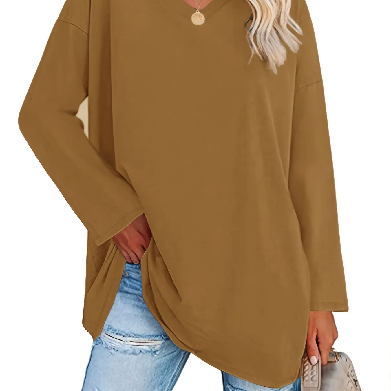 Solid Color Oversized V-Neck Long Sleeve Casual Loose Shirts