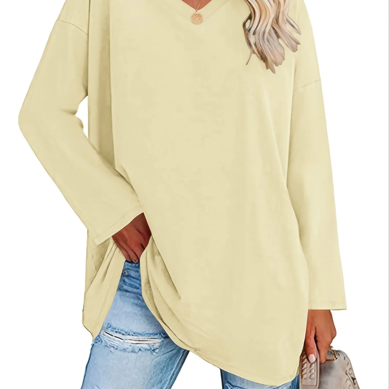 Solid Color Oversized V-Neck Long Sleeve Casual Loose Shirts