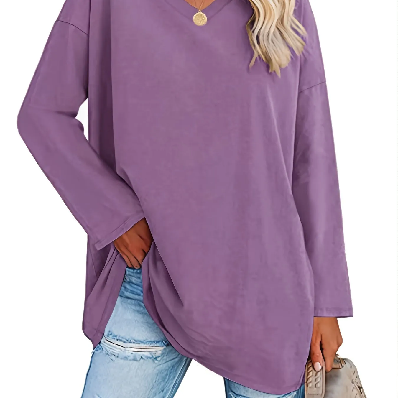 Solid Color Oversized V-Neck Long Sleeve Casual Loose Shirts