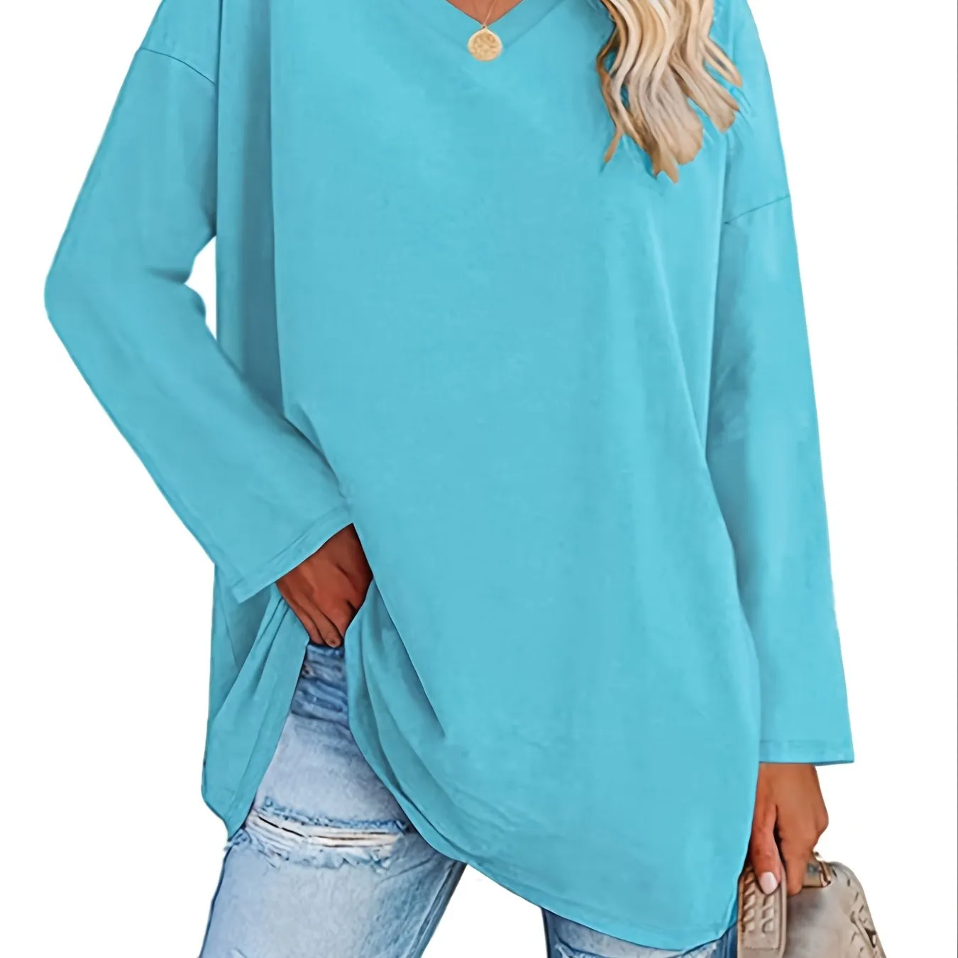 Solid Color Oversized V-Neck Long Sleeve Casual Loose Shirts