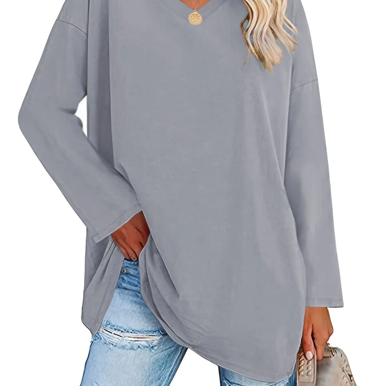 Solid Color Oversized V-Neck Long Sleeve Casual Loose Shirts