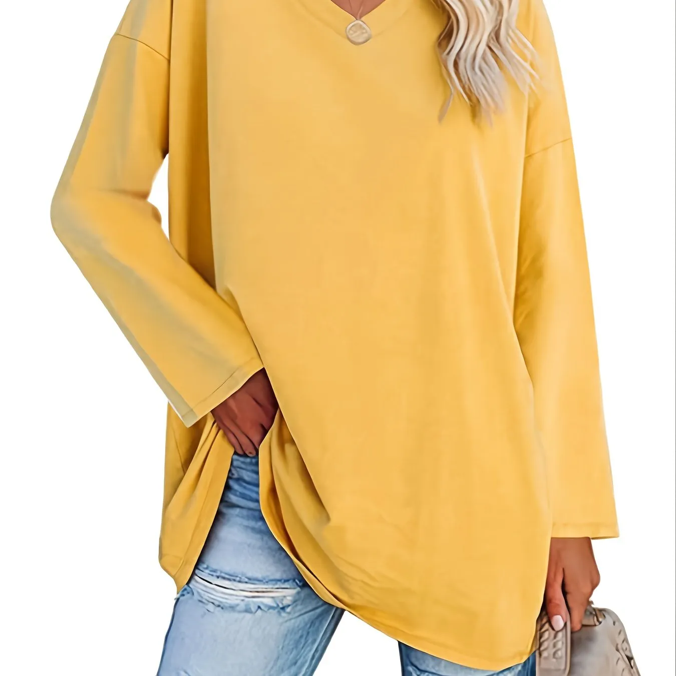 Solid Color Oversized V-Neck Long Sleeve Casual Loose Shirts