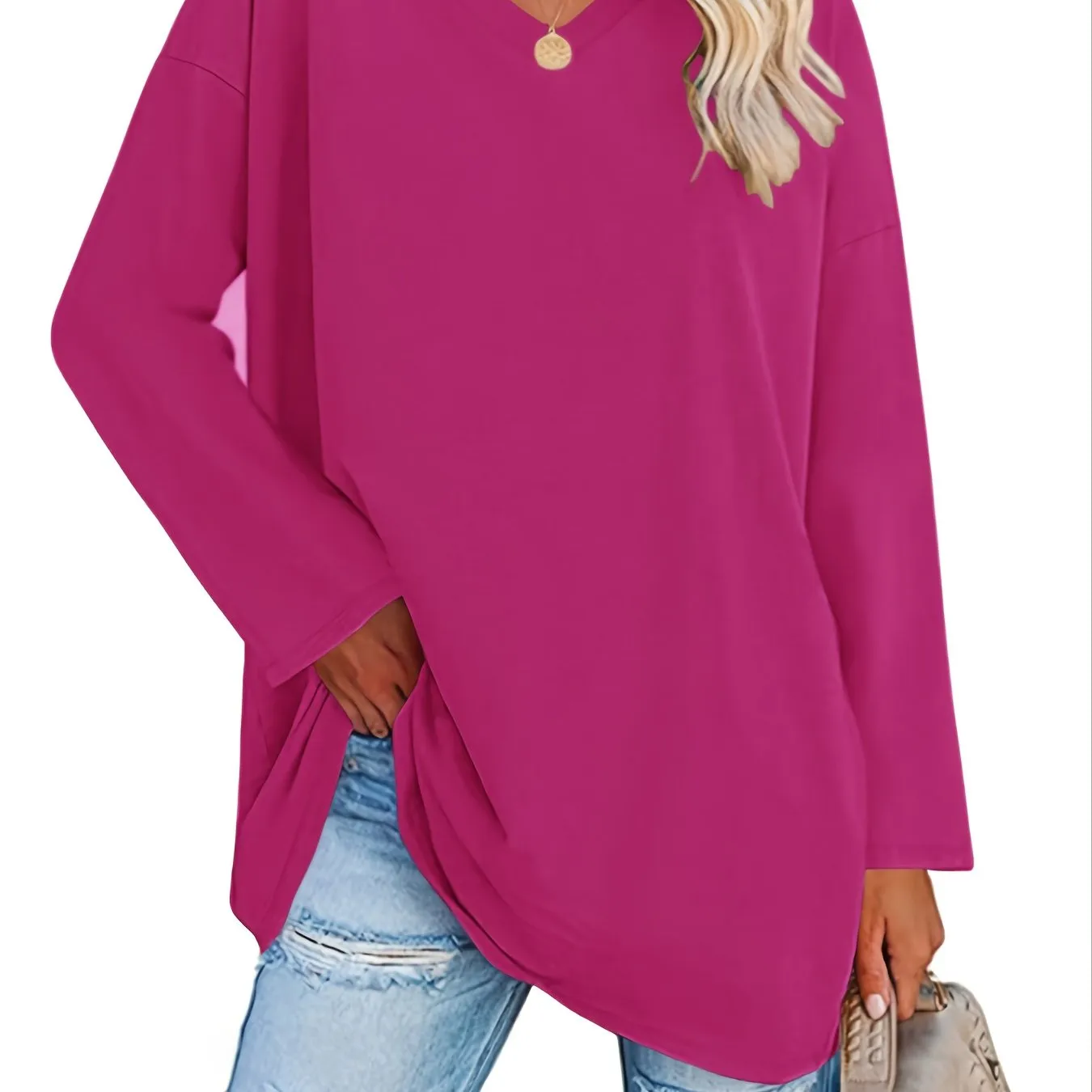 Solid Color Oversized V-Neck Long Sleeve Casual Loose Shirts