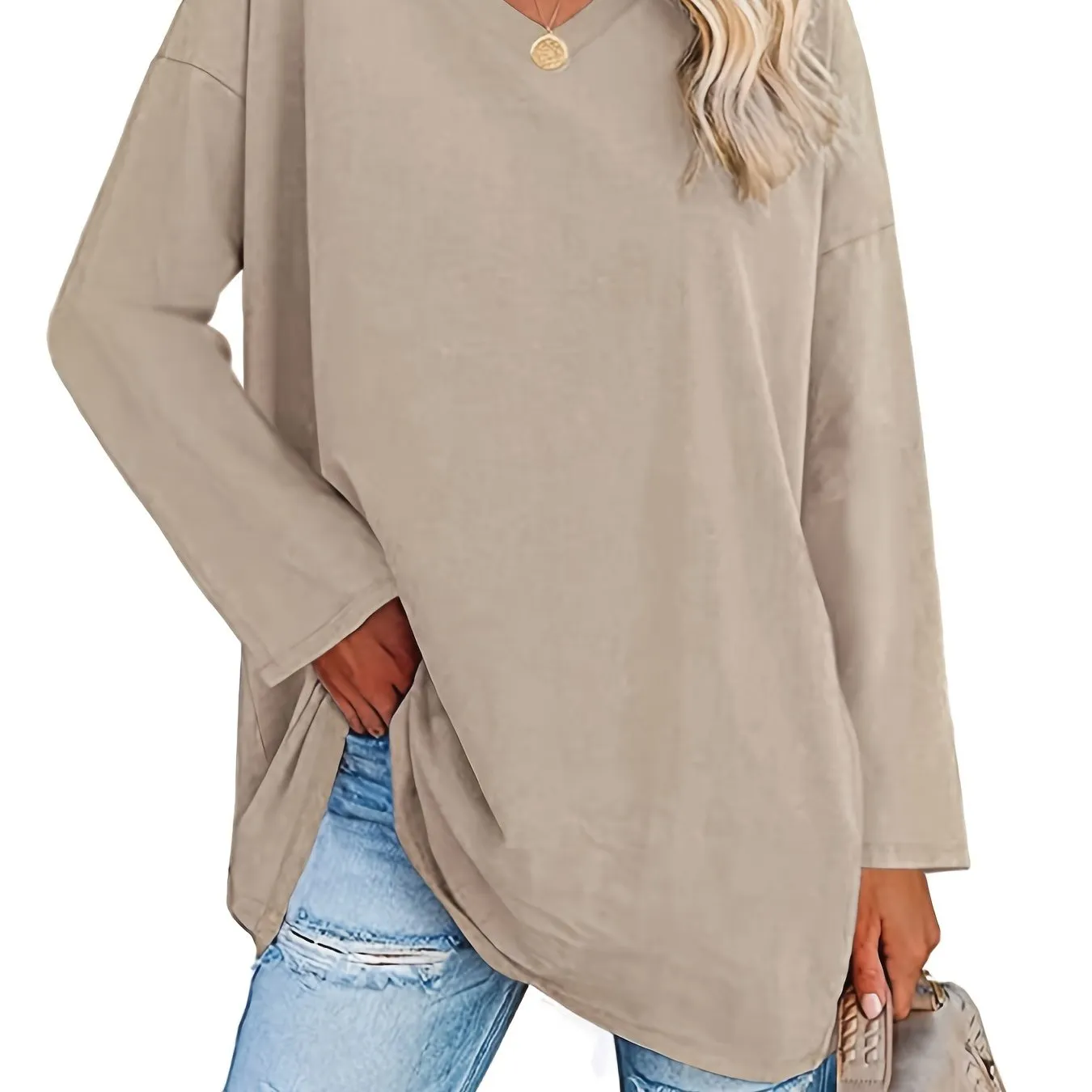 Solid Color Oversized V-Neck Long Sleeve Casual Loose Shirts
