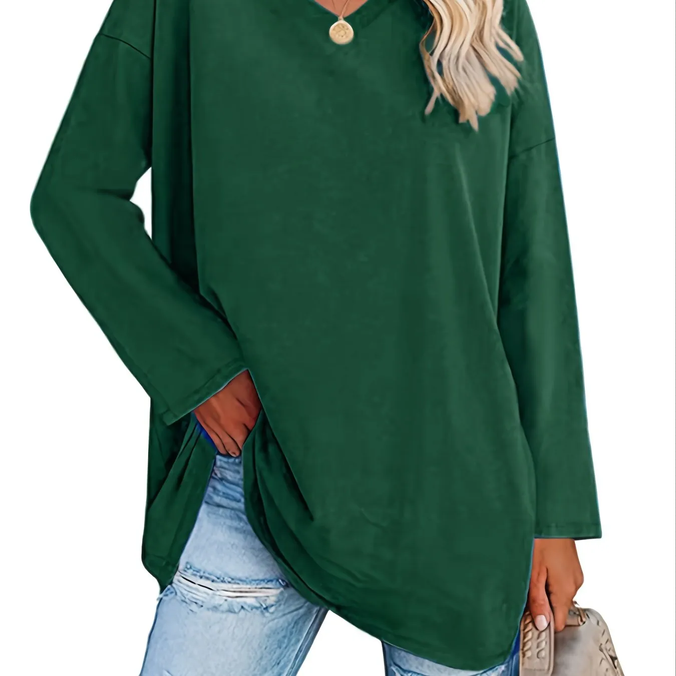 Solid Color Oversized V-Neck Long Sleeve Casual Loose Shirts