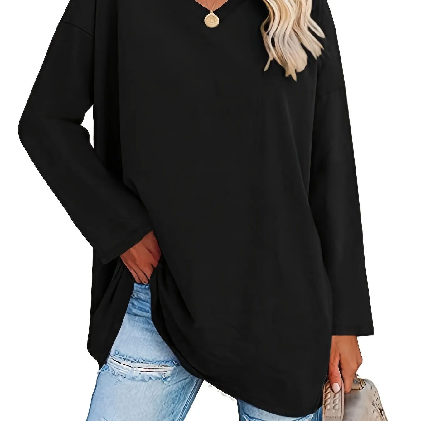 Solid Color Oversized V-Neck Long Sleeve Casual Loose Shirts